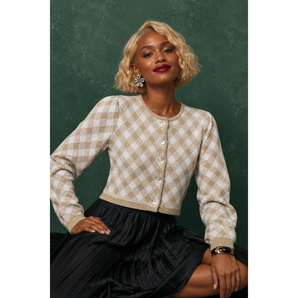 MABLE Anthropologie Tan Argyle Cropped Cardigan Sweater MST7308 L Large
